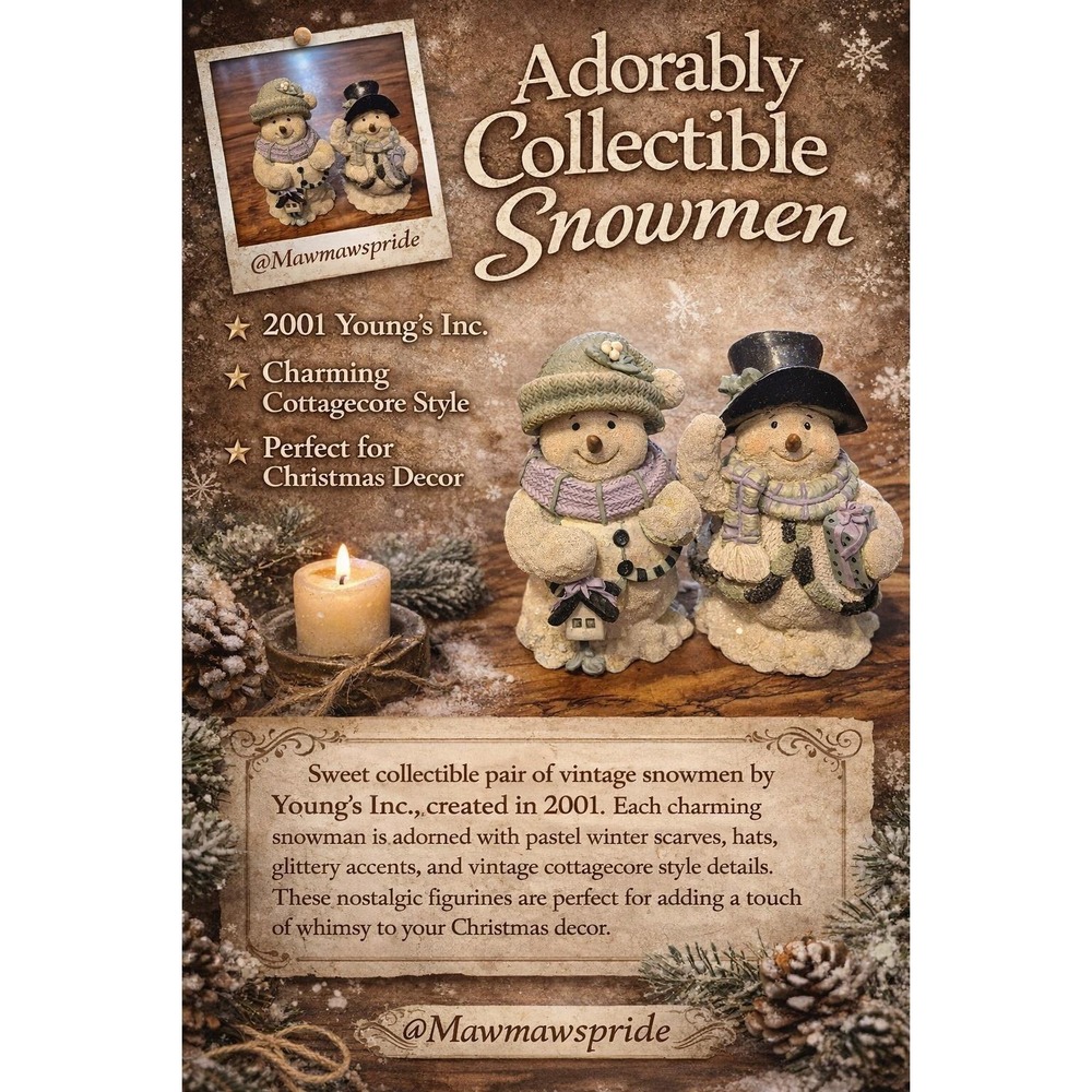 Vintage Style Snowman‎ Figurines Set of 2 Winter Cottage Christmas D2001 Young's